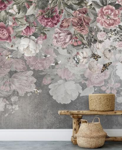 rosa-weiße Blumentapete namens Gentle Floral Border von Ms. Tiff für Schlafzimmer