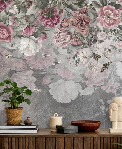 lyserødt og hvidt blomstertapet vægmaleri kaldet Gentle Floral Border af Ms. Tiff til soveværelser
