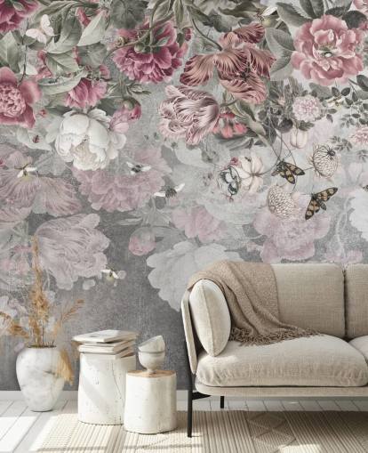 mural de papel pintado floral rosa y blanco llamado Gentle Floral Border de Ms. Tiff para dormitorios