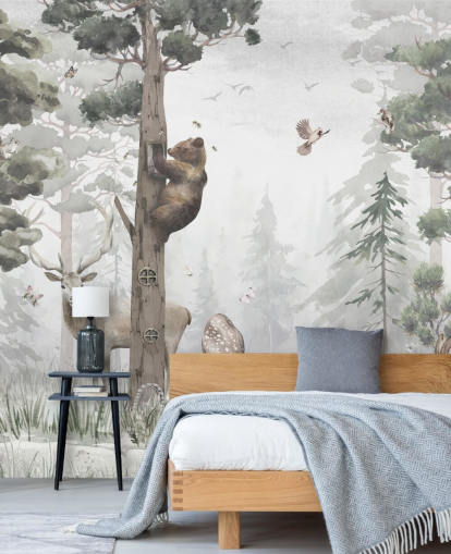 papier peint mural personnalisable vert, blanc et marron sur la forêt pour enfants intitulé In the Middle of the Forest par Mme Tiff pour les crèches et les chambres