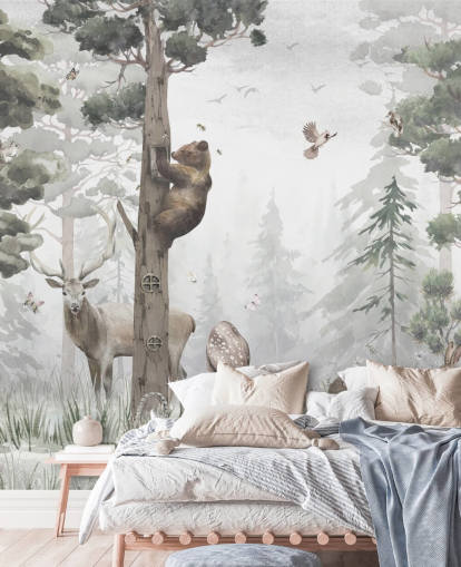 green, white and brown customizable children's forest wallpaper mural called In the Middle of the Forest by Ms. Tiff for nurseries and bedrooms green, white and brown customizable children's forest wallpaper mural called In the Middle of the Forest by Ms. Tiff for nurseries and bedrooms