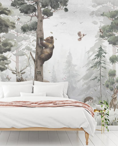 mural infantil de papel pintado forestal personalizable en verde, blanco y marrón llamado In the Middle of the Forest de Ms. Tiff para guarderías y dormitorios