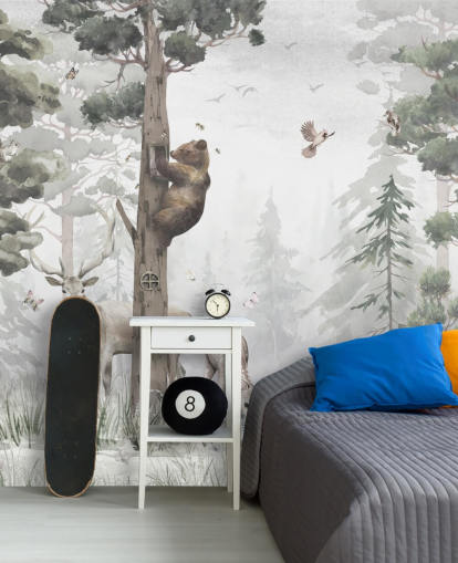 groene, witte en bruine aanpasbare bosbehangmuurschildering voor kinderen genaamd In the Middle of the Forest van Ms. Tiff voor kinderdagverblijven en slaapkamers groene, witte en bruine aanpasbare bosbehangmuurschildering voor kinderen genaamd In the Middle of the Forest van Ms. Tiff voor kinderdagverblijven en slaapkamers