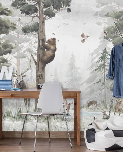 green, white and brown customizable children's forest wallpaper mural called In the Middle of the Forest by Ms. Tiff for nurseries and bedrooms
