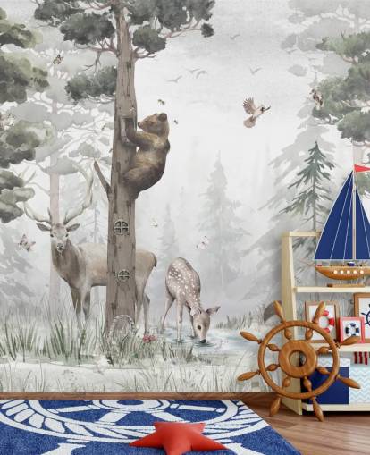 grønt, hvidt og brunt tilpasseligt børneskovtapetmaleri kaldet In the Midt of the Forest af Ms. Tiff til planteskoler og soveværelser grønt, hvidt og brunt tilpasseligt børneskovtapetmaleri kaldet In the Midt of the Forest af Ms. Tiff til planteskoler og soveværelser