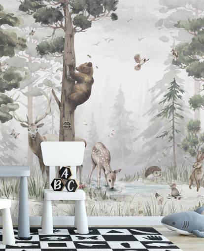 groene, witte en bruine aanpasbare bosbehangmuurschildering voor kinderen genaamd In the Middle of the Forest van Ms. Tiff voor kinderdagverblijven en slaapkamers groene, witte en bruine aanpasbare bosbehangmuurschildering voor kinderen genaamd In the Middle of the Forest van Ms. Tiff voor kinderdagverblijven en slaapkamers