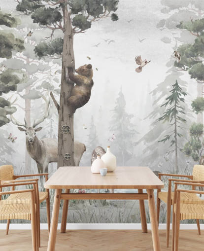 green, white and brown customizable children's forest wallpaper mural called In the Middle of the Forest by Ms. Tiff for nurseries and bedrooms