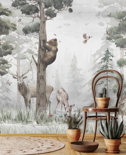 green, white and brown customisable children's forest wallpaper mural called In the Middle of the Forest by Ms. Tiff for nurseries and bedrooms green, white and brown customisable children's forest wallpaper mural called In the Middle of the Forest by Ms. Tiff for nurseries and bedrooms