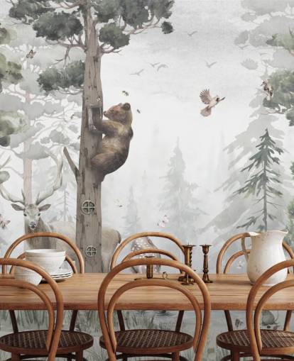 carta da parati murale personalizzabile per bambini con foresta verde, bianca e marrone chiamata In the Middle of the Forest di Ms. Tiff per asili nido e camere da letto