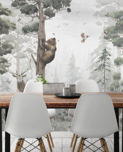 green, white and brown customizable children's forest wallpaper mural called In the Middle of the Forest by Ms. Tiff for nurseries and bedrooms