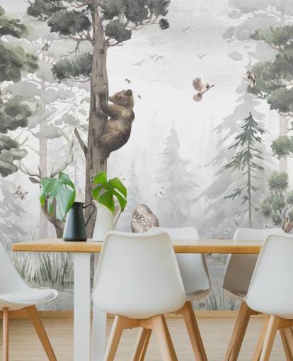 green, white and brown customizable children's forest wallpaper mural called In the Middle of the Forest by Ms. Tiff for nurseries and bedrooms