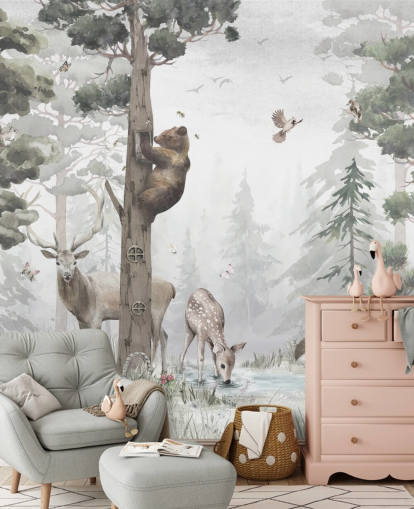 green, white and brown customisable children's forest wallpaper mural called In the Middle of the Forest by Ms. Tiff for nurseries and bedrooms
