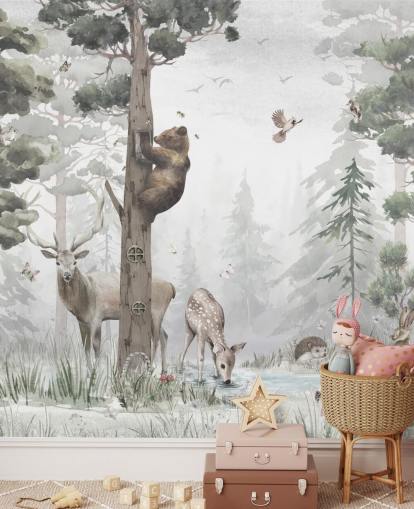 green, white and brown customisable children's forest wallpaper mural called In the Middle of the Forest by Ms. Tiff for nurseries and bedrooms