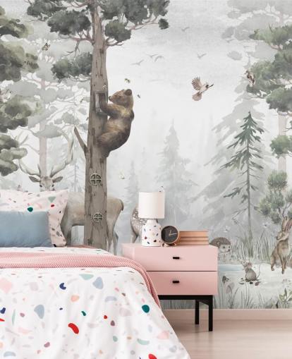 green, white and brown customisable children's forest wallpaper mural called In the Middle of the Forest by Ms. Tiff for nurseries and bedrooms green, white and brown customisable children's forest wallpaper mural called In the Middle of the Forest by Ms. Tiff for nurseries and bedrooms