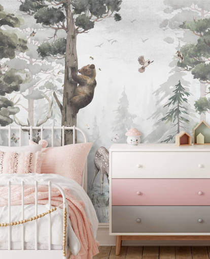 green, white and brown customisable children's forest wallpaper mural called In the Middle of the Forest by Ms. Tiff for nurseries and bedrooms green, white and brown customisable children's forest wallpaper mural called In the Middle of the Forest by Ms. Tiff for nurseries and bedrooms