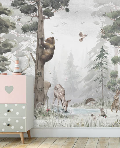 mural infantil de papel pintado forestal personalizable en verde, blanco y marrón llamado In the Middle of the Forest de Ms. Tiff para guarderías y dormitorios