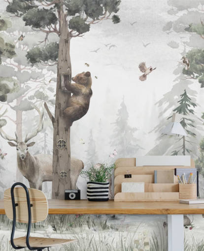 Wandtapete „In the Middle of the Forest“ von Frau Tiff für Kinder in Grün, Weiß und Braun, personalisierbar, für Kinder und Schlafzimmer