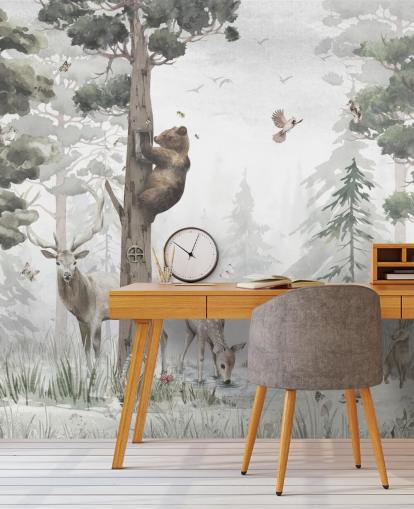 green, white and brown customizable children's forest wallpaper mural called In the Middle of the Forest by Ms. Tiff for nurseries and bedrooms