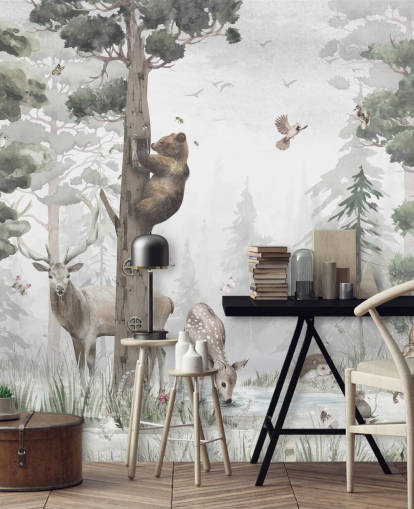 green, white and brown customizable children's forest wallpaper mural called In the Middle of the Forest by Ms. Tiff for nurseries and bedrooms