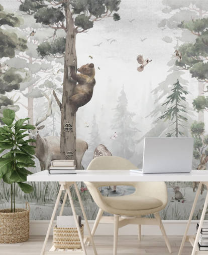 green, white and brown customizable children's forest wallpaper mural called In the Middle of the Forest by Ms. Tiff for nurseries and bedrooms
