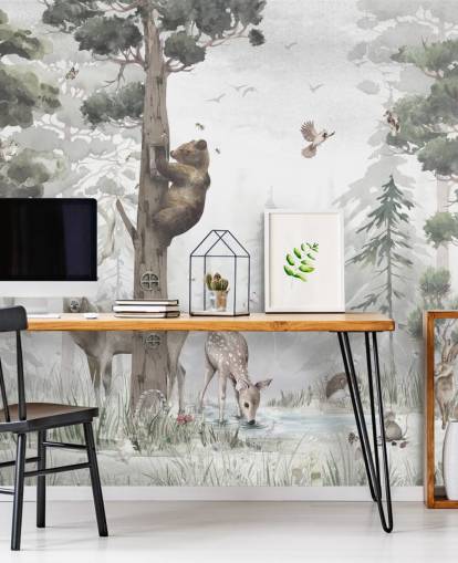 papier peint mural personnalisable vert, blanc et marron sur la forêt pour enfants intitulé In the Middle of the Forest par Mme Tiff pour les crèches et les chambres