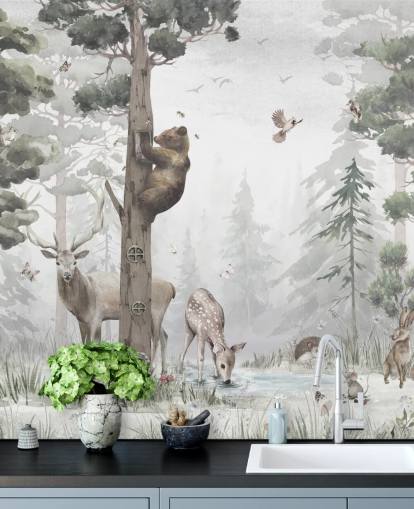 carta da parati murale personalizzabile per bambini con foresta verde, bianca e marrone chiamata In the Middle of the Forest di Ms. Tiff per asili nido e camere da letto