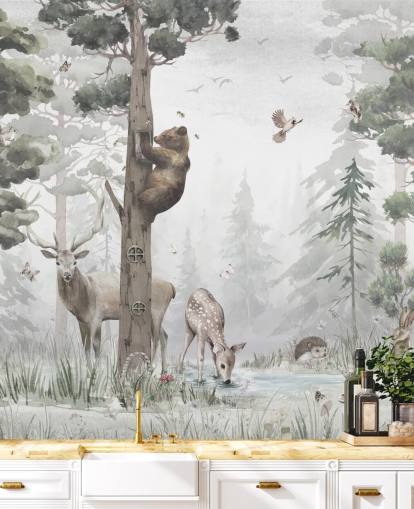 green, white and brown customizable children's forest wallpaper mural called In the Middle of the Forest by Ms. Tiff for nurseries and bedrooms