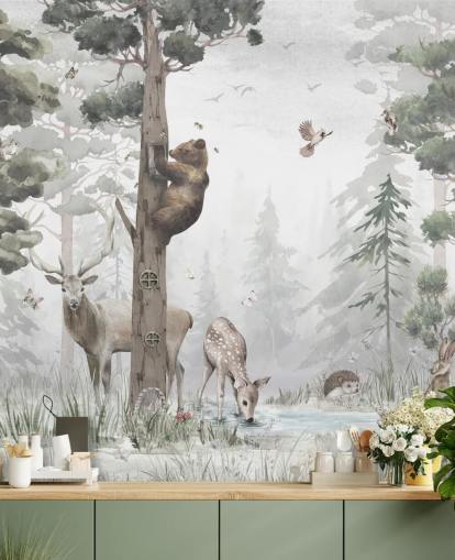 green, white and brown customisable children's forest wallpaper mural called In the Middle of the Forest by Ms. Tiff for nurseries and bedrooms