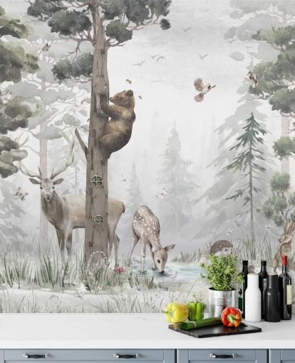 groene, witte en bruine aanpasbare bosbehangmuurschildering voor kinderen genaamd In the Middle of the Forest van Ms. Tiff voor kinderdagverblijven en slaapkamers groene, witte en bruine aanpasbare bosbehangmuurschildering voor kinderen genaamd In the Middle of the Forest van Ms. Tiff voor kinderdagverblijven en slaapkamers