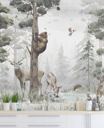 carta da parati murale personalizzabile per bambini con foresta verde, bianca e marrone chiamata In the Middle of the Forest di Ms. Tiff per asili nido e camere da letto carta da parati murale personalizzabile per bambini con foresta verde, bianca e marrone chiamata In the Middle of the Forest di Ms. Tiff per asili nido e camere da letto