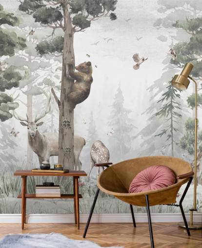 green, white and brown customisable children's forest wallpaper mural called In the Middle of the Forest by Ms. Tiff for nurseries and bedrooms
