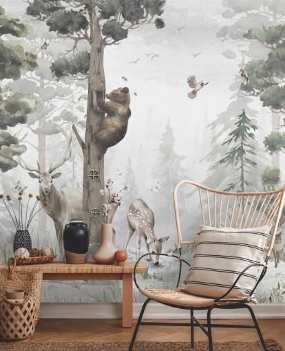 papier peint mural personnalisable vert, blanc et marron sur la forêt pour enfants intitulé In the Middle of the Forest par Mme Tiff pour les crèches et les chambres