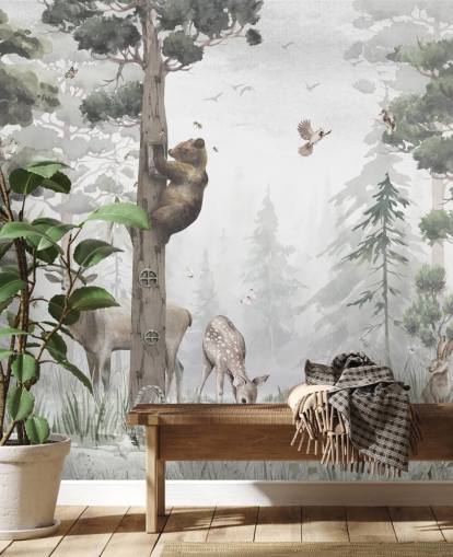 papier peint mural personnalisable vert, blanc et marron sur la forêt pour enfants intitulé In the Middle of the Forest par Mme Tiff pour les crèches et les chambres