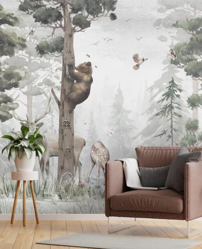 green, white and brown customizable children's forest wallpaper mural called In the Middle of the Forest by Ms. Tiff for nurseries and bedrooms