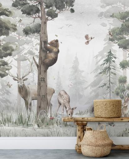 green, white and brown customizable children's forest wallpaper mural called In the Middle of the Forest by Ms. Tiff for nurseries and bedrooms