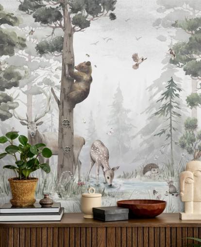 mural infantil de papel pintado forestal personalizable en verde, blanco y marrón llamado In the Middle of the Forest de Ms. Tiff para guarderías y dormitorios