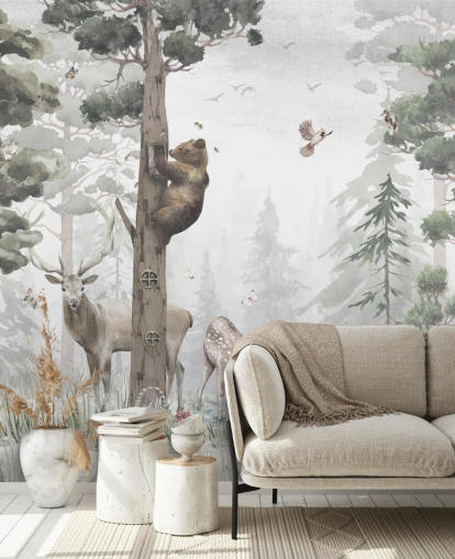 carta da parati murale personalizzabile per bambini con foresta verde, bianca e marrone chiamata In the Middle of the Forest di Ms. Tiff per asili nido e camere da letto