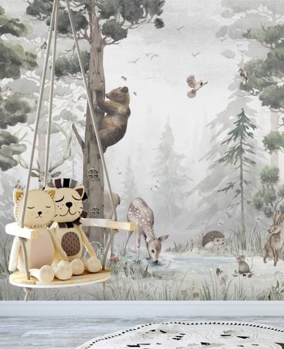 carta da parati murale personalizzabile per bambini con foresta verde, bianca e marrone chiamata In the Middle of the Forest di Ms. Tiff per asili nido e camere da letto