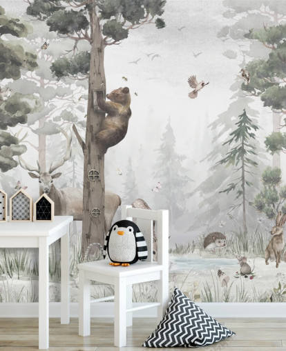 carta da parati murale personalizzabile per bambini con foresta verde, bianca e marrone chiamata In the Middle of the Forest di Ms. Tiff per asili nido e camere da letto carta da parati murale personalizzabile per bambini con foresta verde, bianca e marrone chiamata In the Middle of the Forest di Ms. Tiff per asili nido e camere da letto