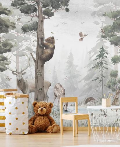 groene, witte en bruine aanpasbare bosbehangmuurschildering voor kinderen genaamd In the Middle of the Forest van Ms. Tiff voor kinderdagverblijven en slaapkamers