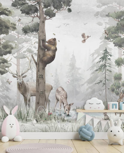 carta da parati murale personalizzabile per bambini con foresta verde, bianca e marrone chiamata In the Middle of the Forest di Ms. Tiff per asili nido e camere da letto