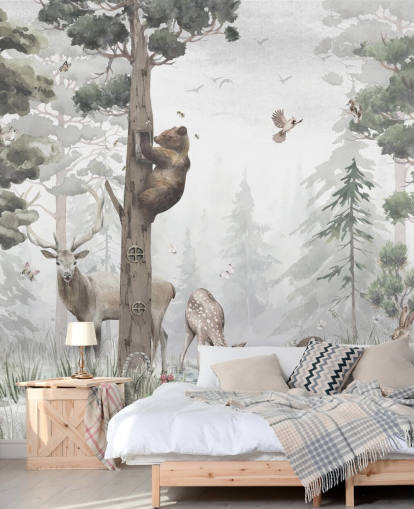 carta da parati murale personalizzabile per bambini con foresta verde, bianca e marrone chiamata In the Middle of the Forest di Ms. Tiff per asili nido e camere da letto carta da parati murale personalizzabile per bambini con foresta verde, bianca e marrone chiamata In the Middle of the Forest di Ms. Tiff per asili nido e camere da letto