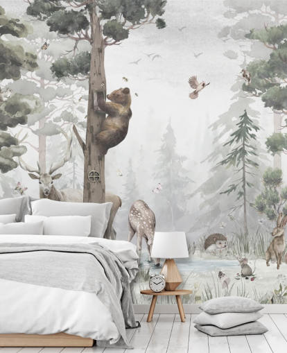 green, white and brown customizable children's forest wallpaper mural called In the Middle of the Forest by Ms. Tiff for nurseries and bedrooms