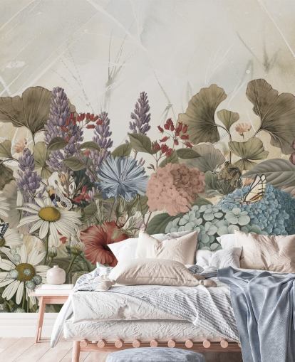blommig tapetväggmålning kallad Morning Flowery av Ms. Tiff för sovrum och vardagsrum