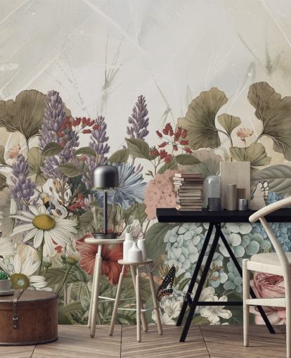 Ms. Tiffin kukka-taustakuvamaalaus Morning Flowery makuuhuoneisiin ja olohuoneisiin