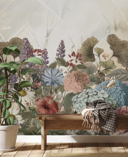 blommig tapetväggmålning kallad Morning Flowery av Ms. Tiff för sovrum och vardagsrum