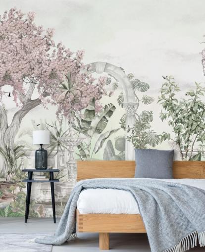 papier peint mural de jardin rose et blanc appelé Pink Garden Landscape par Mme Tiff pour les salons et les chambres