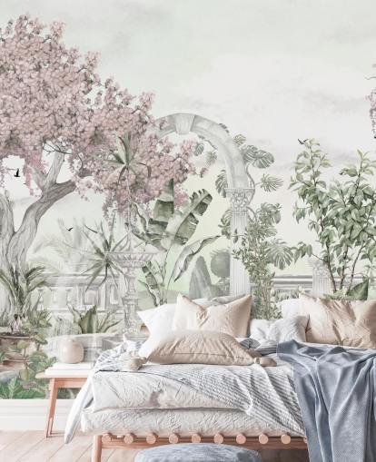 lyserødt og hvidt havetapetmaleri kaldet Pink Garden Landscape af Ms. Tiff til stuer og soveværelser