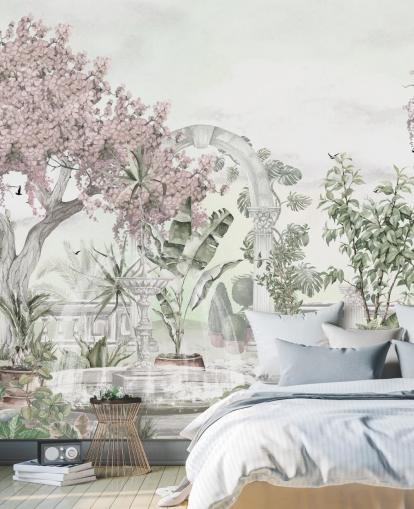 mural de papel de parede de jardim rosa e branco chamado Pink Garden Landscape da Sra. Tiff para salas de estar e quartos