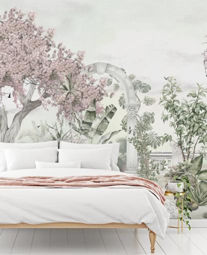 rosa-weiße Gartentapete namens Pink Garden Landscape von Ms. Tiff für Wohn- und Schlafzimmer